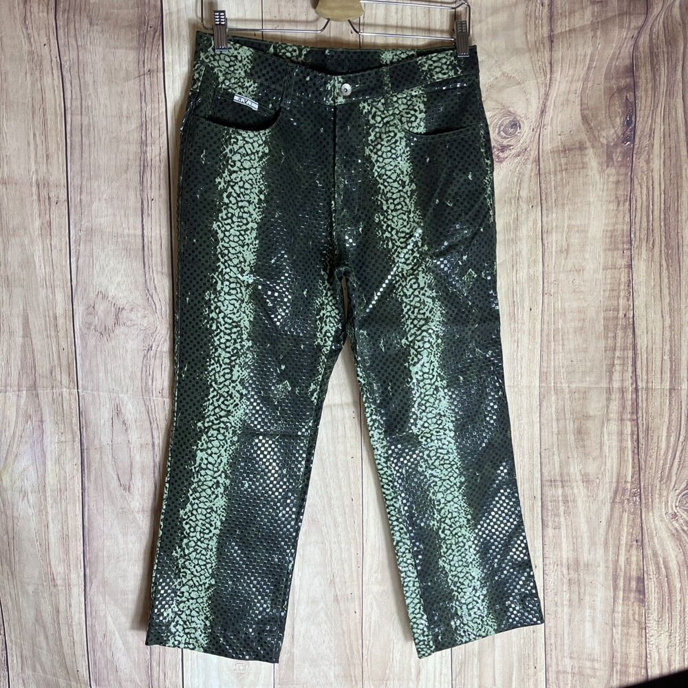 Y2K Vintage RVT Revolt Olive Snakeskin Wide Short Jeans 13/14 5 Pockets